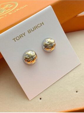 Tory Burch Two-Tone Silver and Gold Logo Dome Stud Earrings